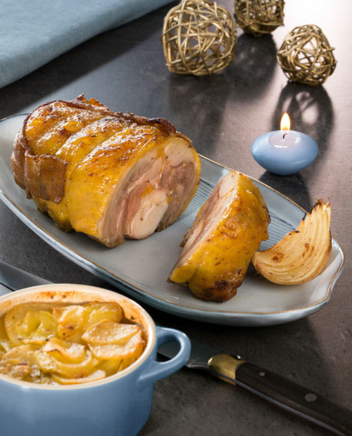 Recette du mois : Rôti de chapon, millefeuille de pommes de terre et cèpes