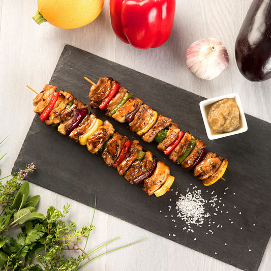 Recette : Brochettes de poulet du Gers au barbecue Caviar d’aubergines
