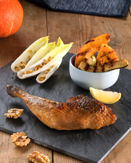 Recette du mois : Cuisses de pintade au citron, courges rôties et endives aux noix