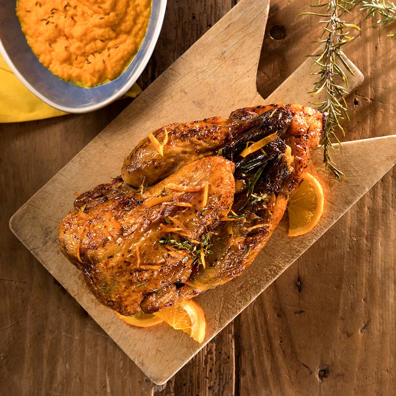 Recette : Pintade du Gers au miel, orange et romarin Purée de carottes